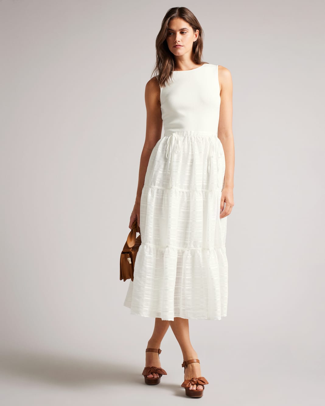 테드 베이커 Ted Baker Knit Bodice Midi Dress With Tiered Skirt,Ivory