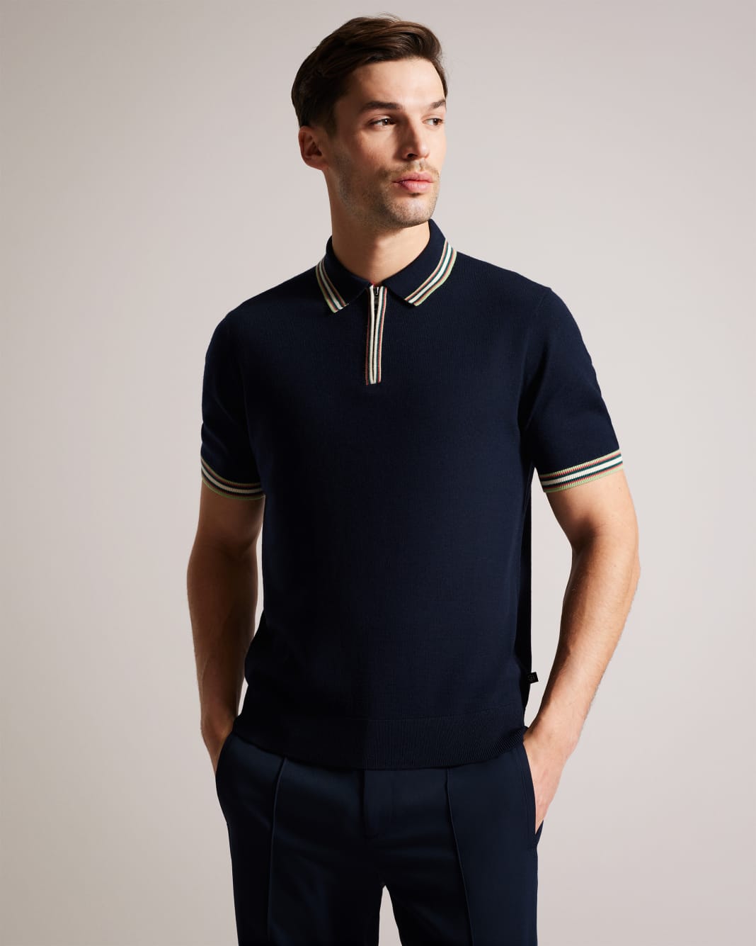 테드베이커 Tedbaker Short Sleeve Stripe Trim Polo Shirt,Navy