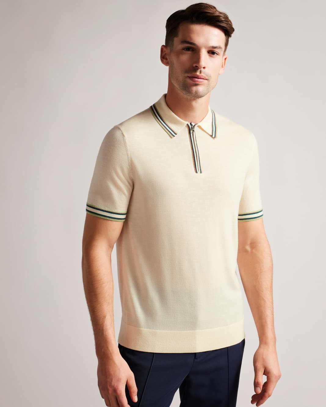 테드베이커 Tedbaker Short Sleeve Stripe Trim Polo Shirt,White
