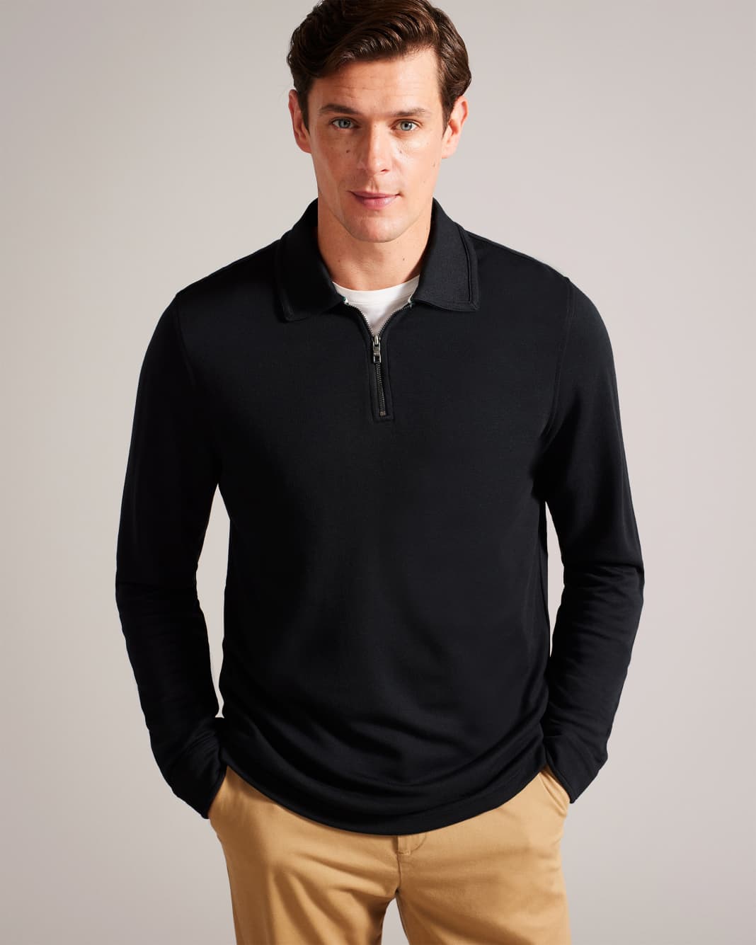 테드베이커 Tedbaker Long Sleeve Modal Polo Shirt,Black