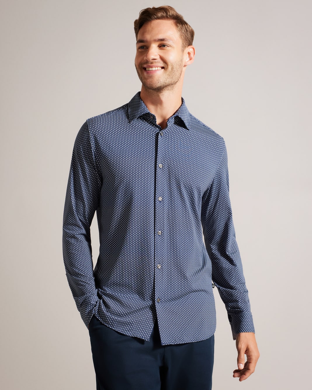 테드베이커 Tedbaker Long Sleeve Bi-Stretch Geometric Shirt,Navy