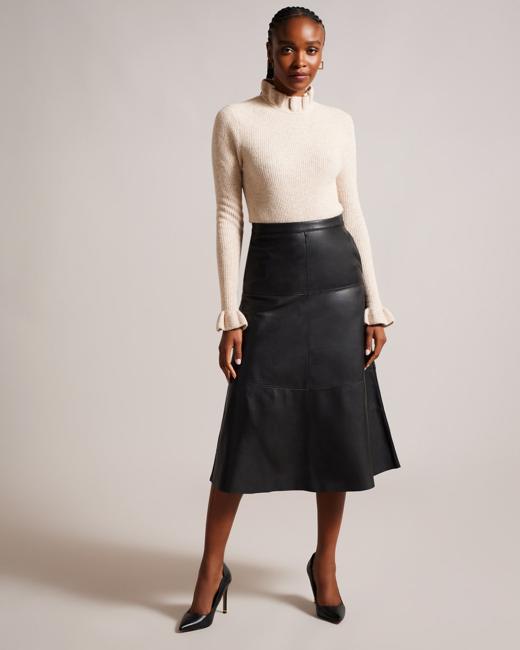 테드베이커 Tedbaker Leather Panelled A-Line Skirt,Black