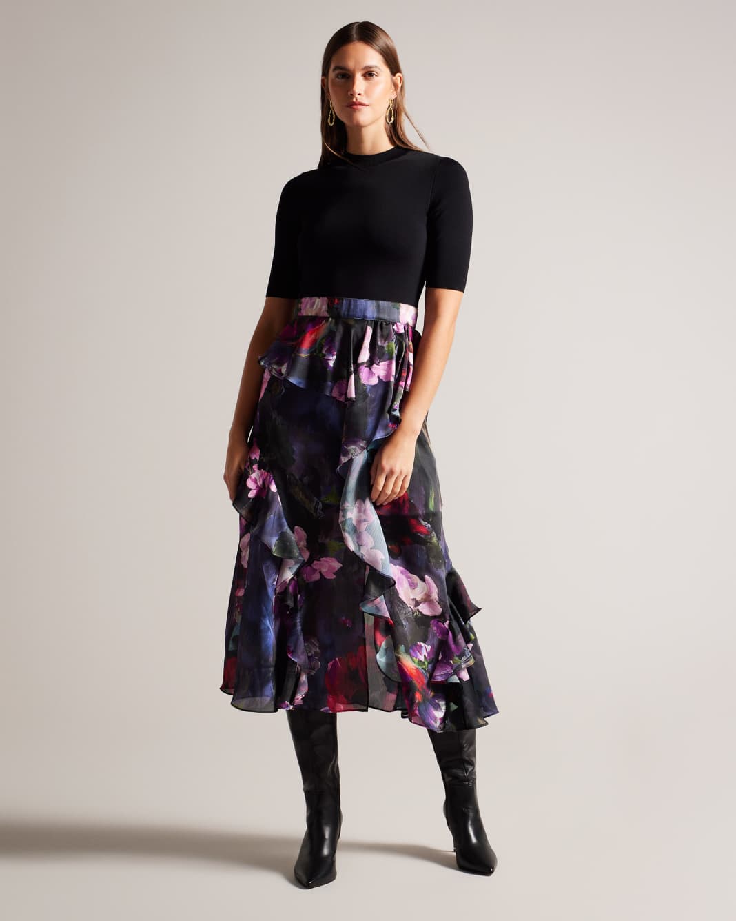 테드베이커 Tedbaker Fitted Knit Bodice Dress With Ruffle Skirt