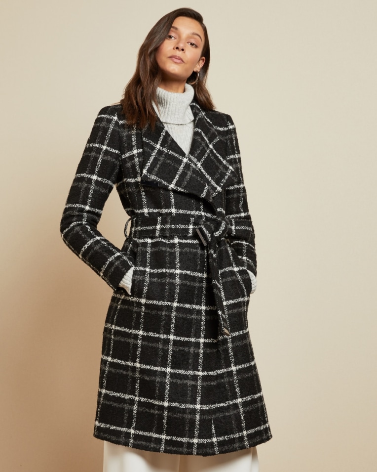 Checked belted wrap coat