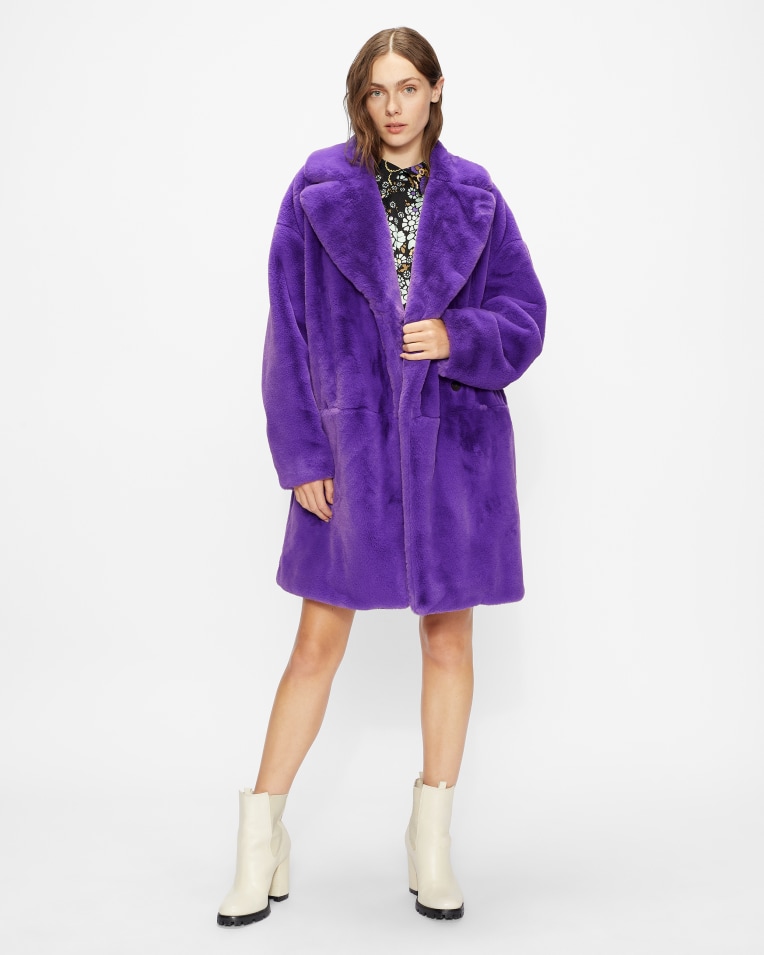 Mid Purple Faux Fur Cocoon Coat With Wide Collar ted baker